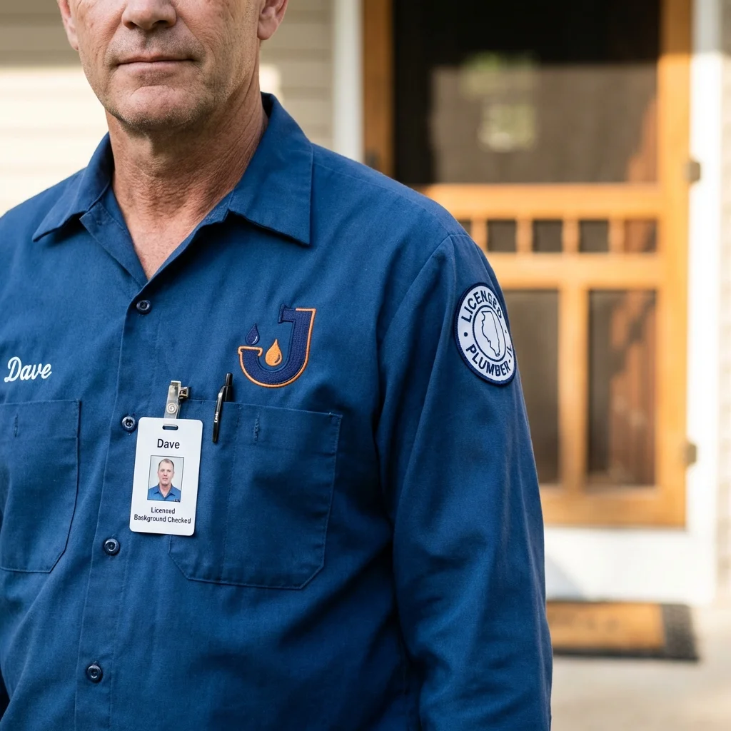 Licensed plumber showing ID badge in Monmouth, OR