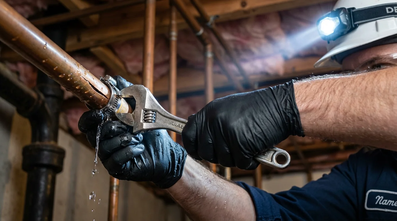 Emergency pipe clamp repair being performed by a Johns Plumbing LLC plumber in Monmouth
