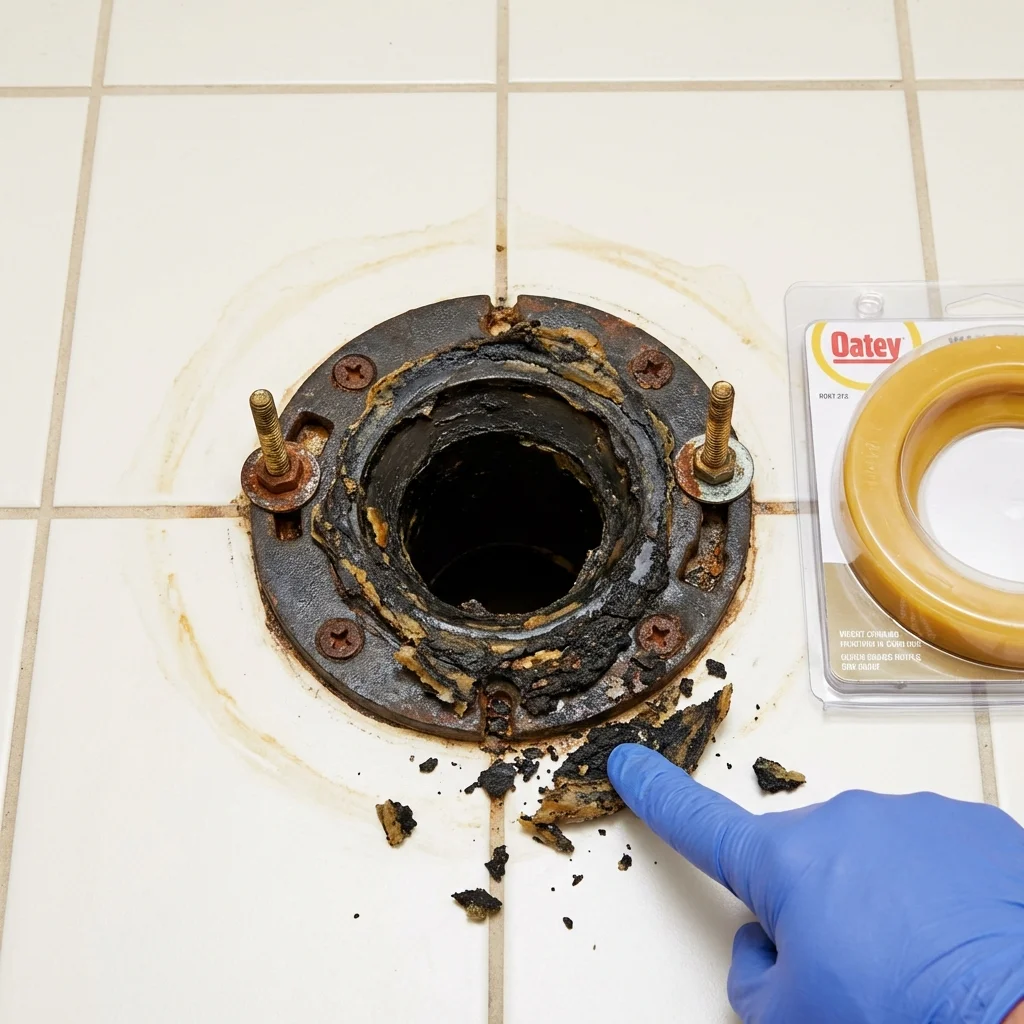 Failed wax ring showing water seepage at the base of a toilet in a Monmouth, OR home