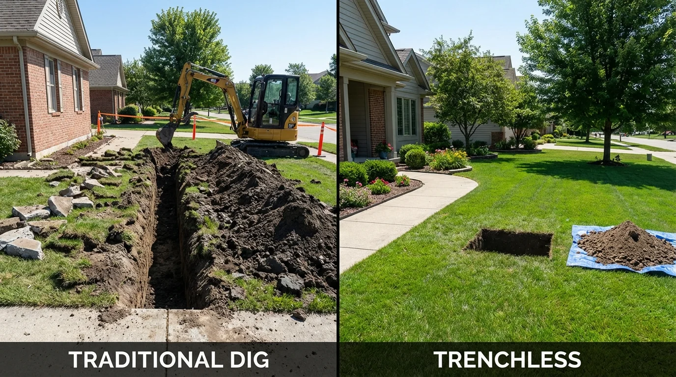Trenchless sewer repair with minimal yard damage versus traditional excavation in Monmouth, OR