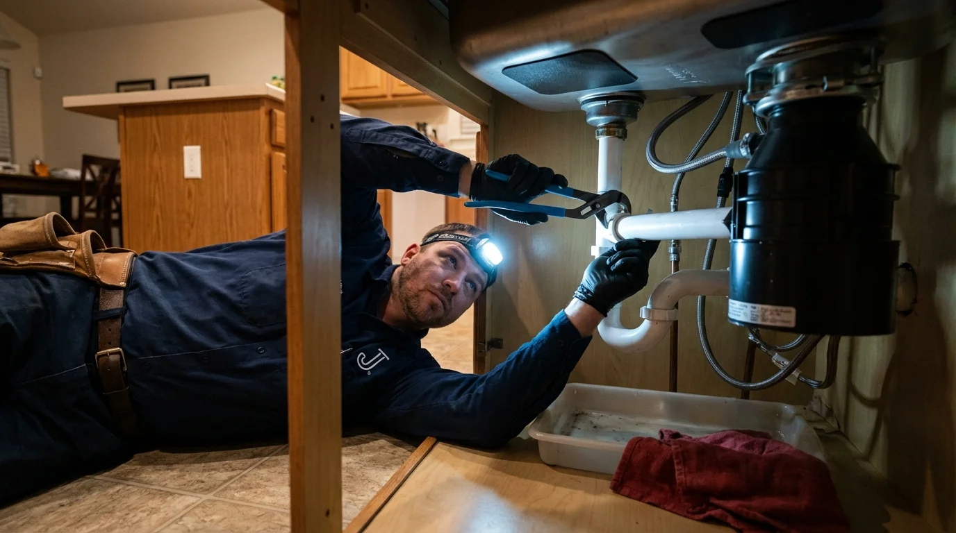 P-trap and supply line connections under a kitchen sink showing a common leak point in Monmouth, OR